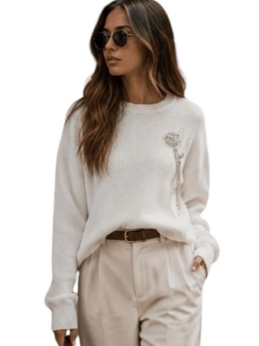 157:  ON THE FIFTH NEW SWEATER WITH EMBELLISHED BROOCH IVORY (GC)